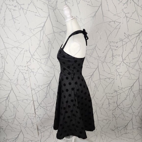 Hearts & Roses Black Velvet Polkadot Fit & Flare Halter Dress - Picture 2 of 7